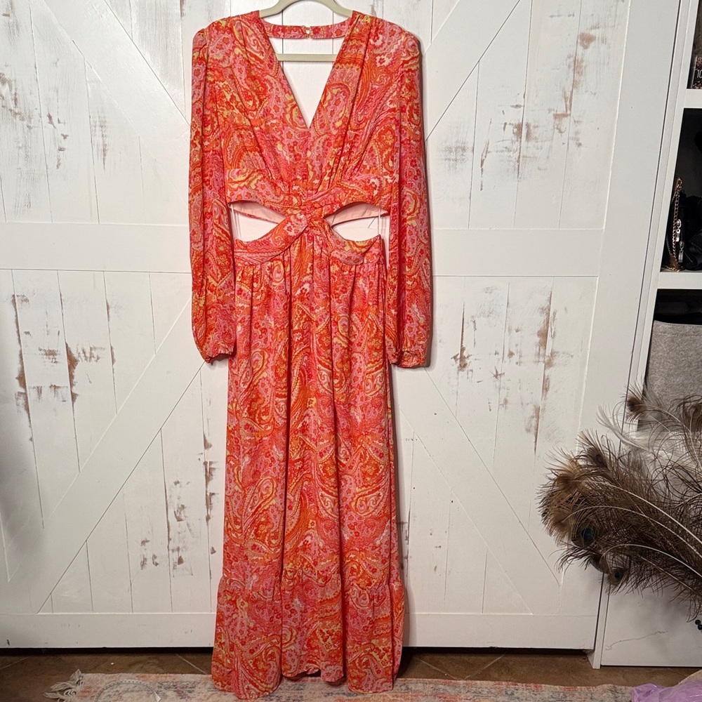 Fate Pink Orange Floral Paisley Long Sleeve Cut Out Maxi Dress